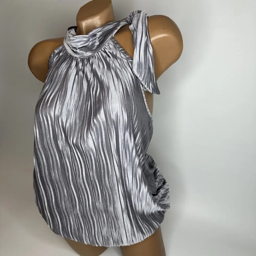 Y2K Heart And Soul Silver Metallic Pleated Halter Top Clubwear Party Glam L USA - Picture 12 of 12